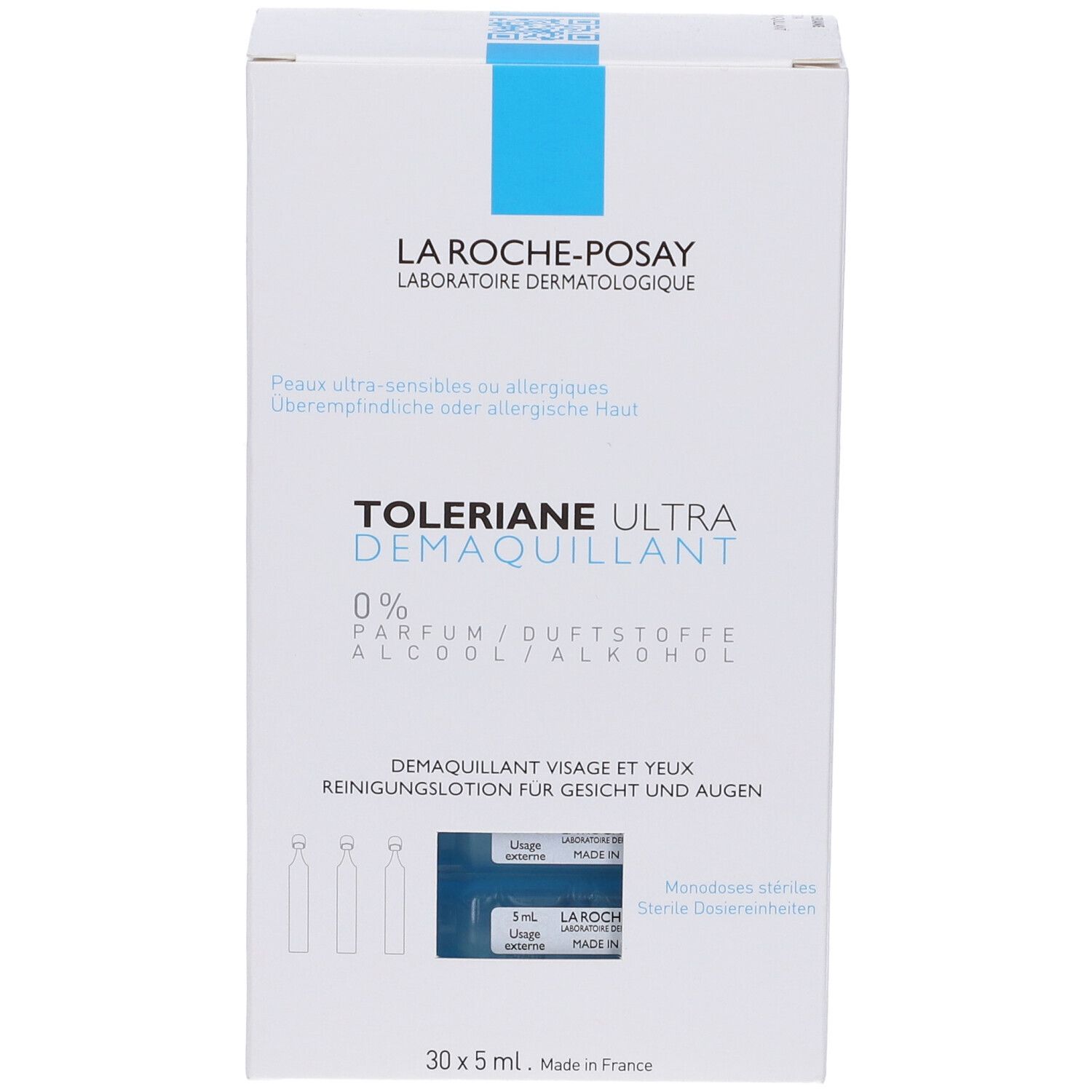 Boîte blanche La Roche-Posay TOLERIANE ULTRA. Contient des ampoules. Texte en allemand.