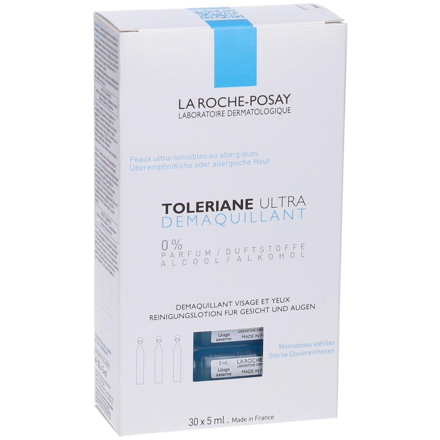 Boîte blanche La Roche-Posay TOLERIANE ULTRA. Contient des ampoules. Texte en allemand.