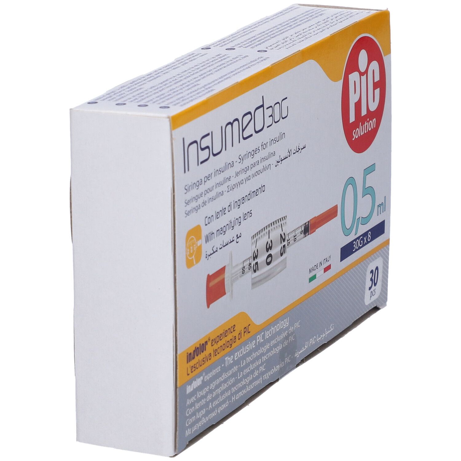 Packung mit 30 Insumed 30G 0,5ml Insulinspritzen mit Lupe.