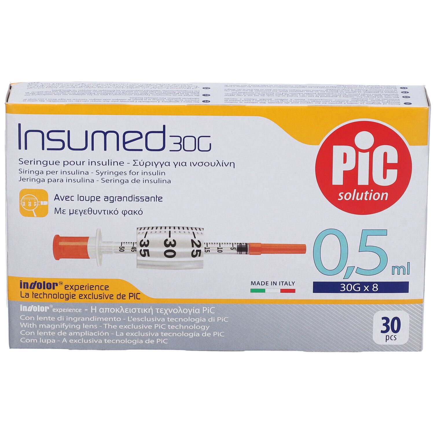Packung mit 30 Insumed 29G 0,5ml Insulinspritzen mit Lupe.