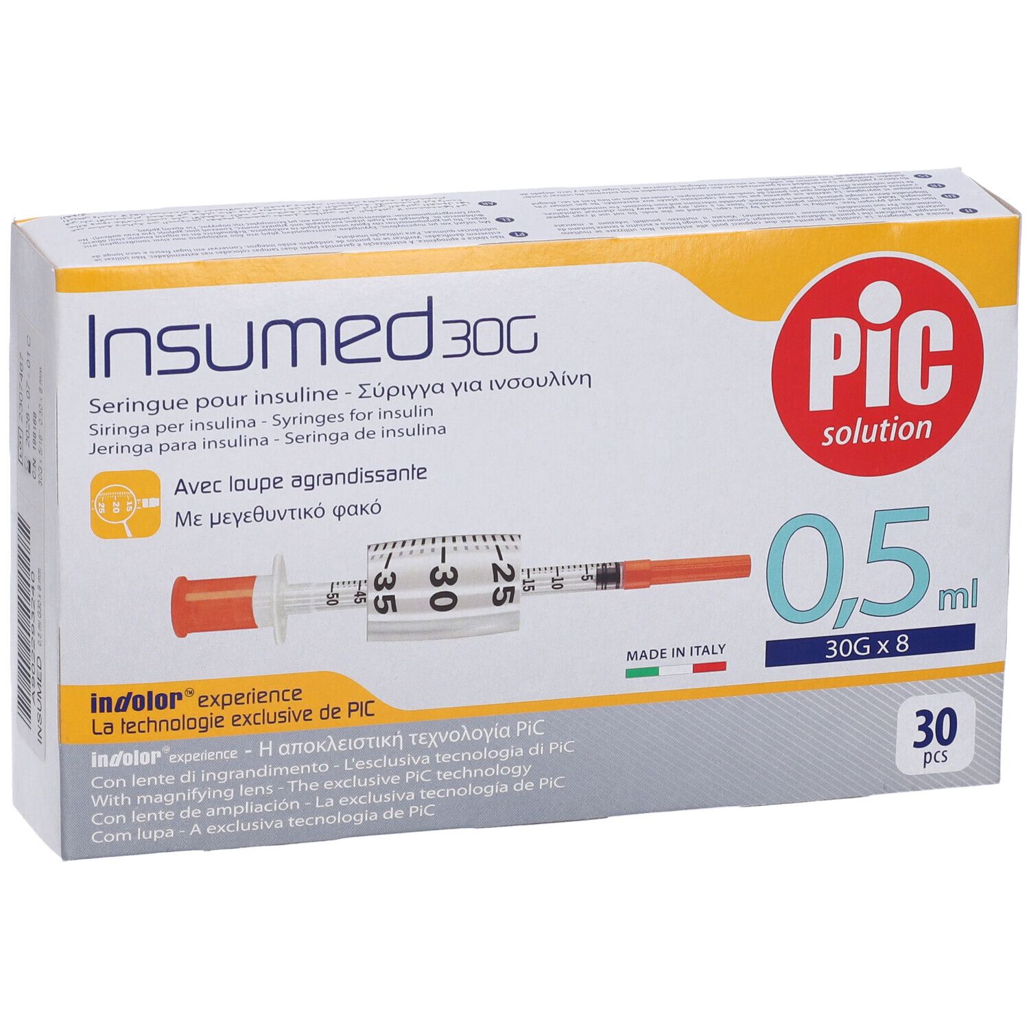Packung mit 30 Insumed 29G 0,5ml Insulinspritzen mit Lupe.