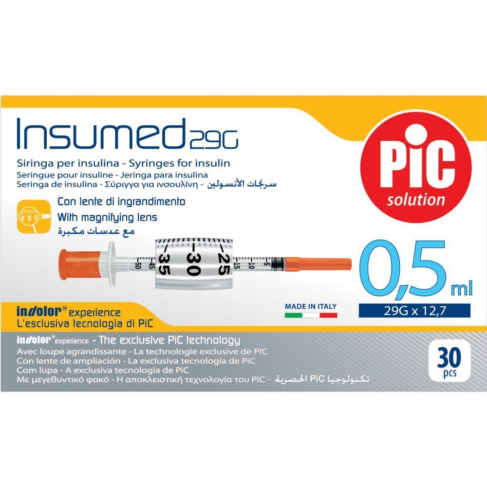 Confezione di siringhe. Scritte: Insumed 29G, PIC solution, 0,5 ml, 30 pezzi. Raffigurata una siringa.