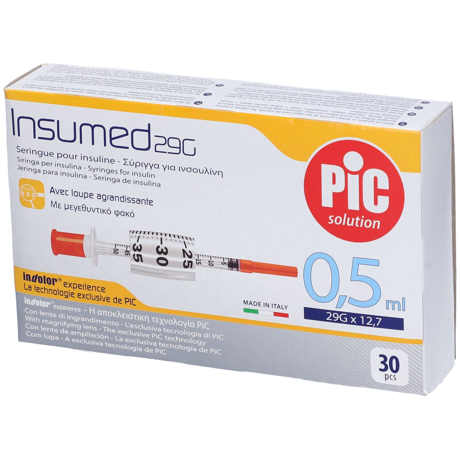 Confezione di siringhe. Scritte: Insumed 29G, PIC solution, 0,5 ml, 30 pezzi. Raffigurata una siringa.