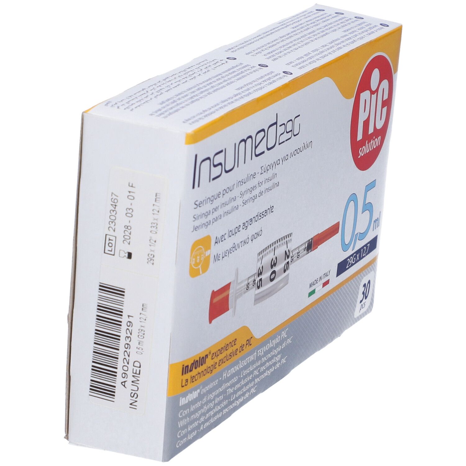 Confezione di siringhe in diagonale. Scritte: Insumed 29G, PIC solution, 0,5 ml, 30 pezzi. Codice a barre.