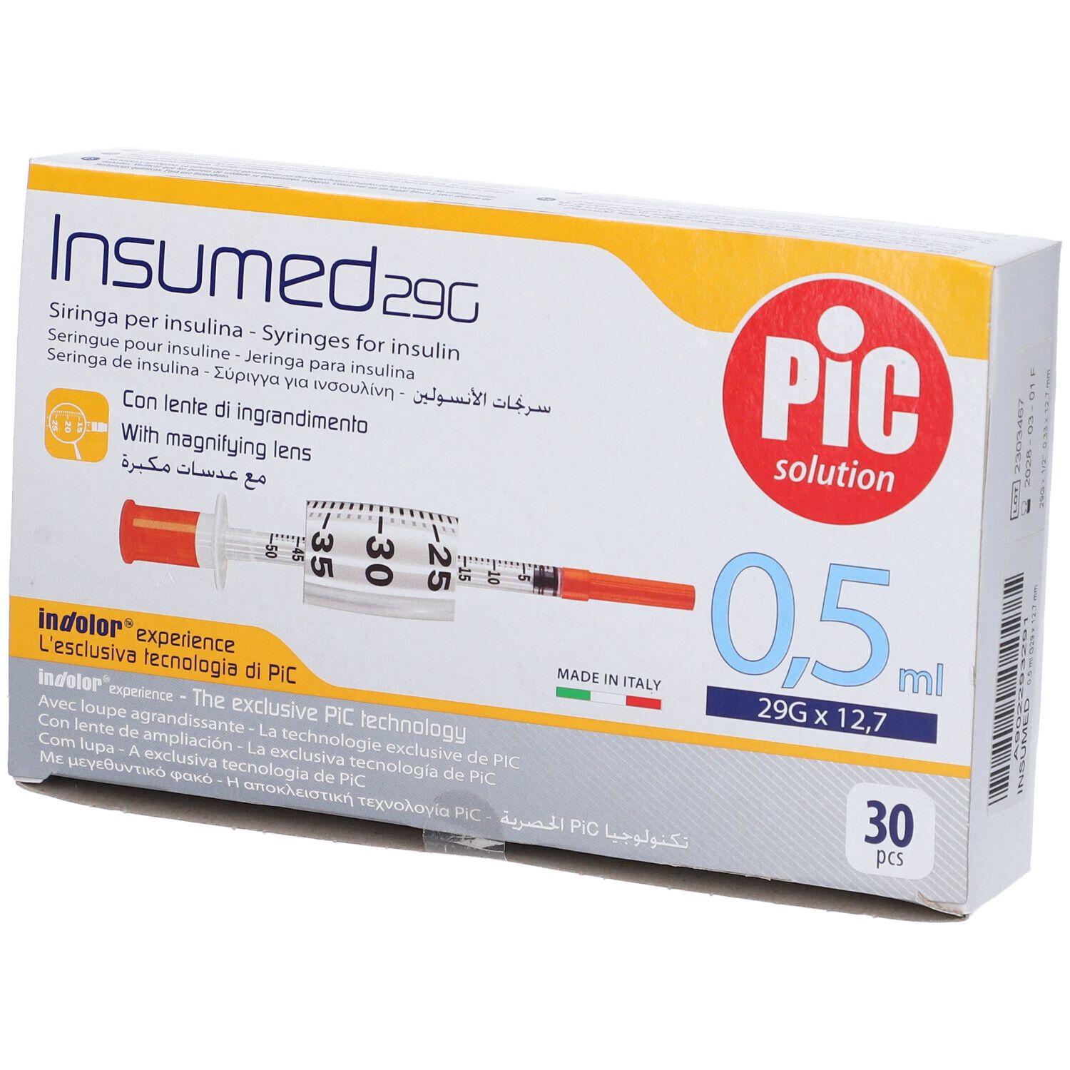 Confezione di siringhe. Scritte: Insumed 29G, PIC solution, 0,5 ml, 30 pezzi. Raffigurata una siringa.