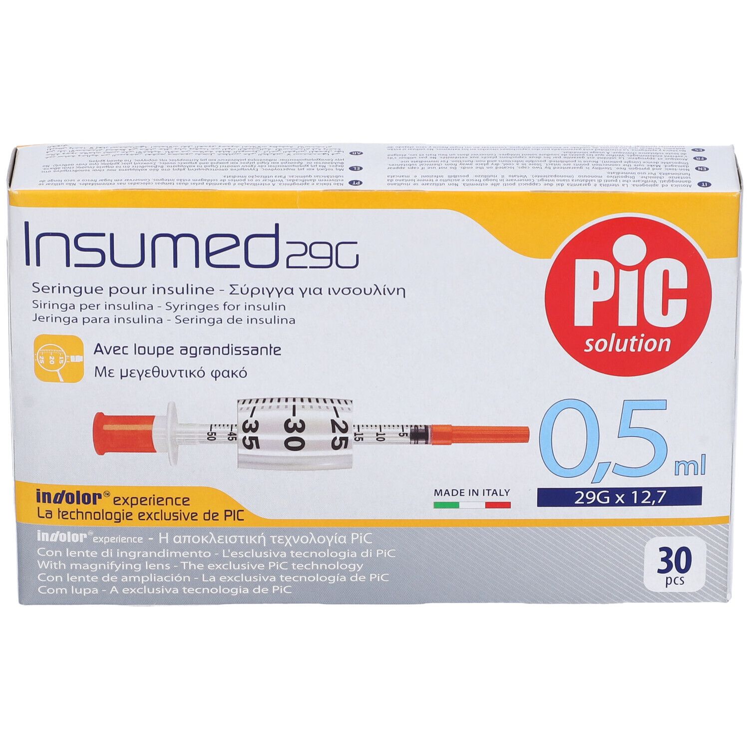 Confezione di siringhe. Scritte: Insumed 29G, PIC solution, 0,5 ml, 30 pezzi. Raffigurata una siringa.