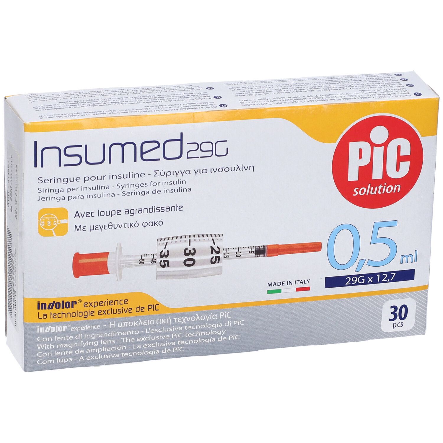 Confezione di siringhe. Scritte: Insumed 29G, PIC solution, 0,5 ml, 30 pezzi. Raffigurata una siringa.