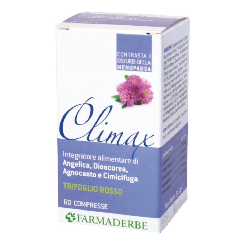 Verpackung für Nahrungsergänzungsmittel mit 60 Tabletten, "Climax" mit Rotklee-Abbildung.