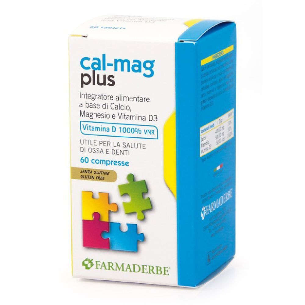 Scatola bianca e blu con « cal-mag plus ». Contiene 60 compresse. Scritto: « Vitamina D 1000% VNR ». Marchio: Farmaderbe.