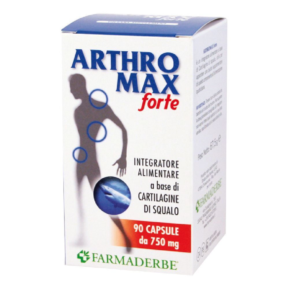 Scatola Arthromax Forte. Contiene 90 capsule. Scritto: Arthromax Forte, Integratore Alimentare, 750 mg.
