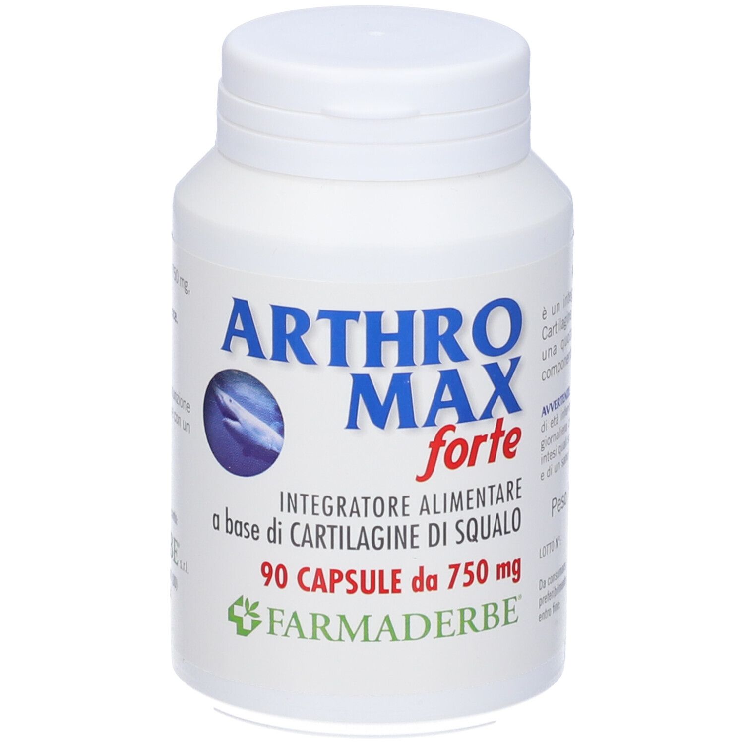 Flacone bianco Arthromax Forte. Contiene 90 capsule. Scritto: Arthromax Forte, Integratore Alimentare, 750 mg.