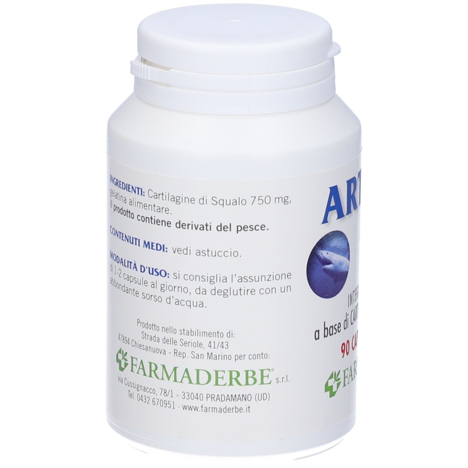 Flacone bianco Arthromax Forte. Retro con informazioni. Contiene 90 capsule. Scritto: Arthromax Forte, 750 mg.
