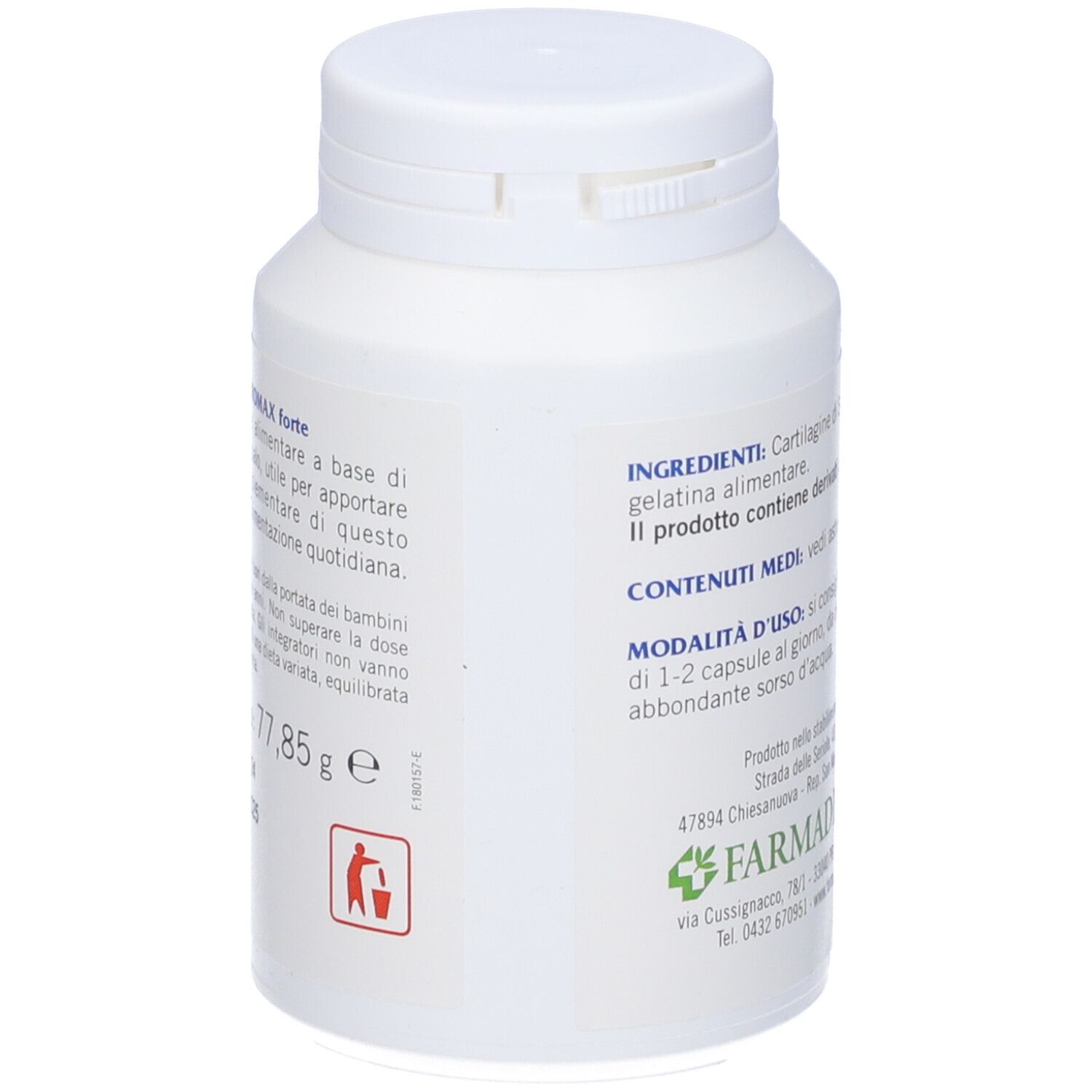 Flacone bianco Arthromax Forte. Retro con informazioni. Contiene 90 capsule. Scritto: Arthromax Forte, 750 mg.