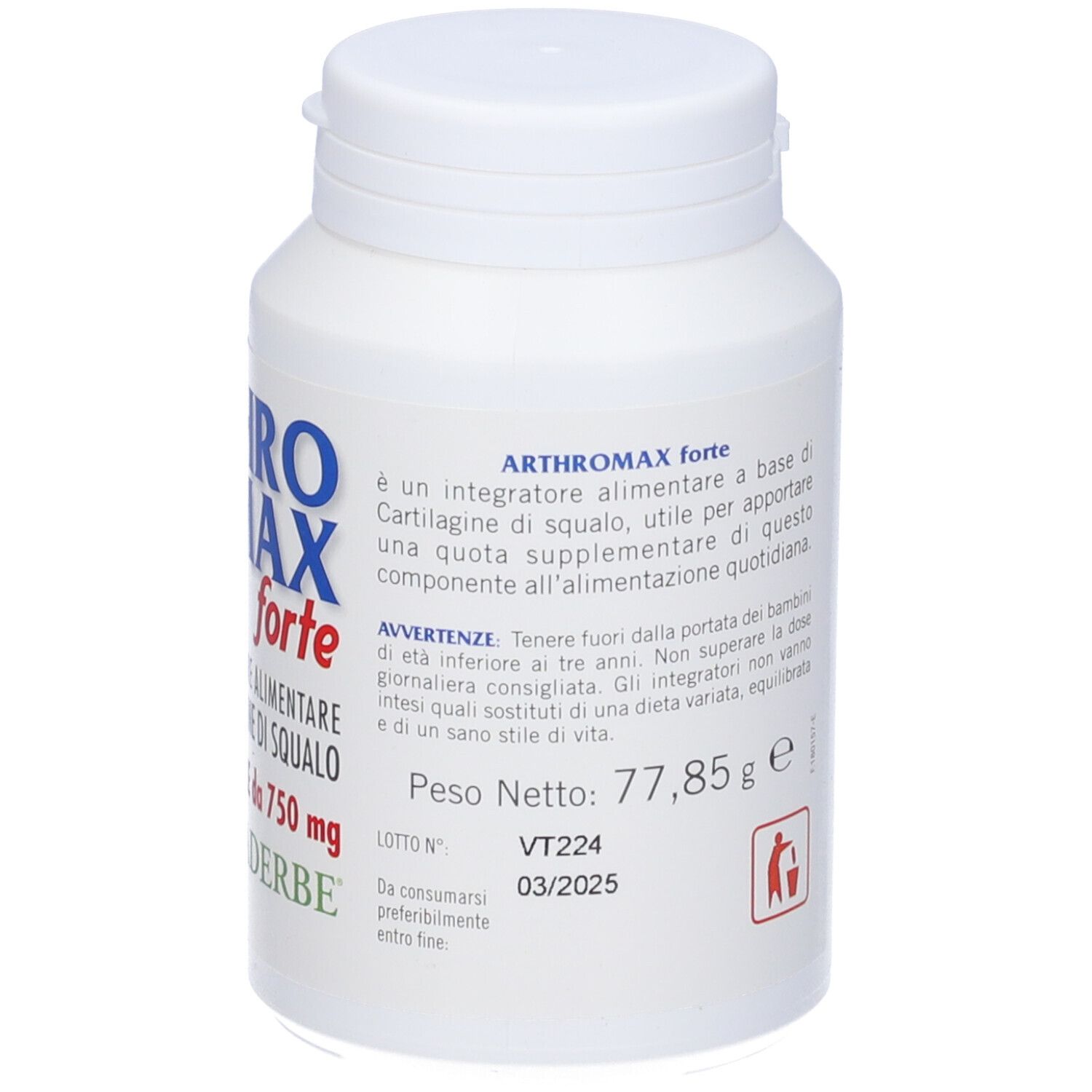 Flacone bianco Arthromax Forte. Retro con informazioni. Contiene 90 capsule. Scritto: Arthromax Forte, 750 mg.