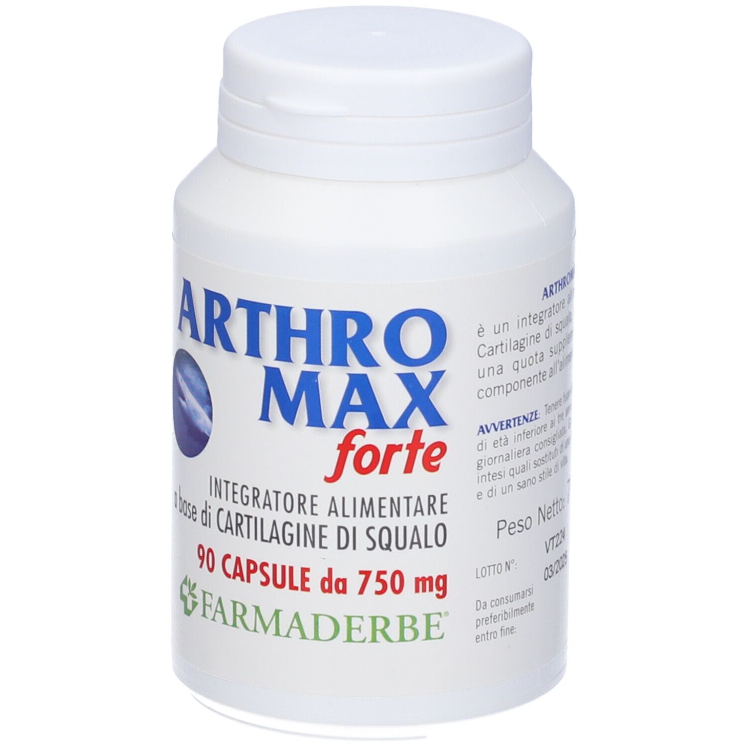 Flacone bianco Arthromax Forte. Contiene 90 capsule. Scritto: Arthromax Forte, Integratore Alimentare, 750 mg.
