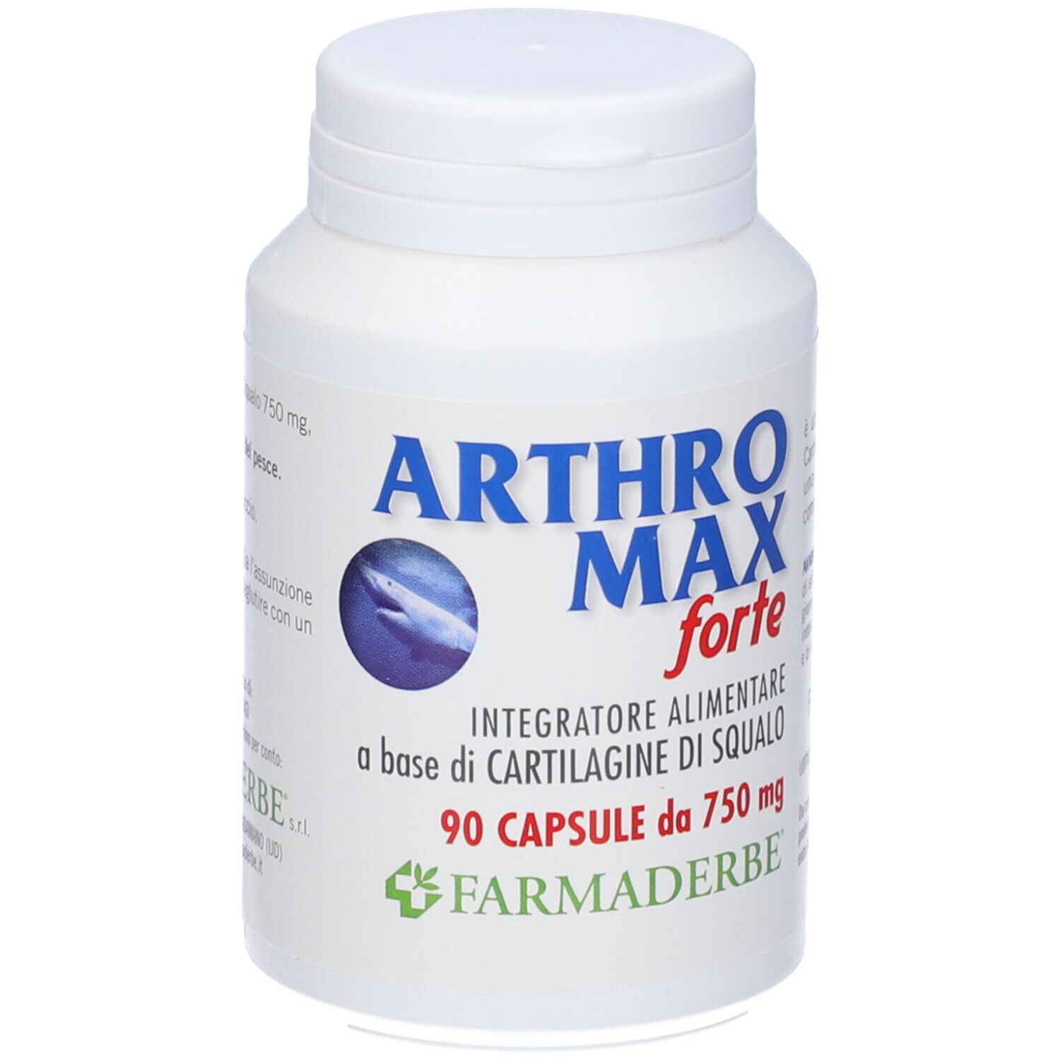 Flacone bianco Arthromax Forte. Contiene 90 capsule. Scritto: Arthromax Forte, Integratore Alimentare, 750 mg.