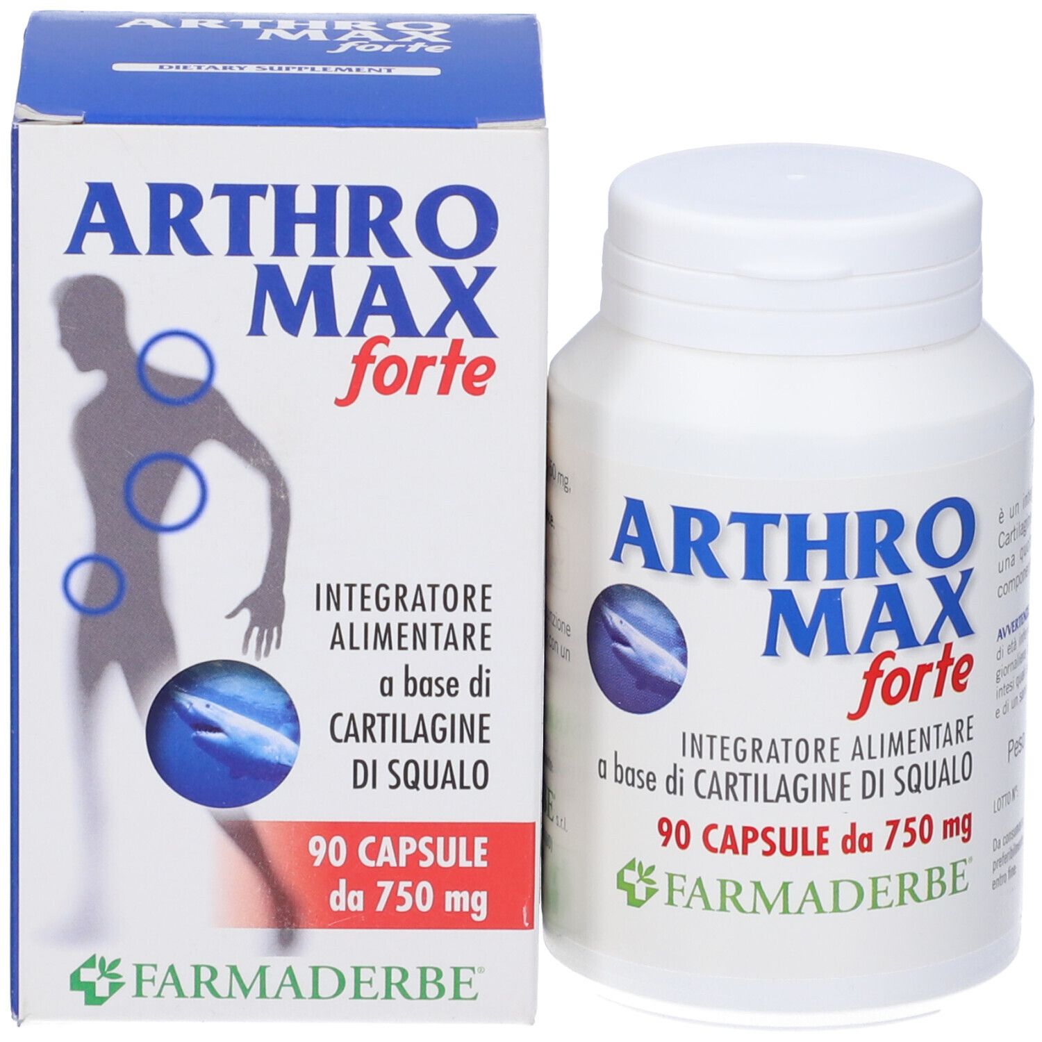 Scatola e flacone Arthromax Forte. Contiene 90 capsule. Scritto: Arthromax Forte, Integratore Alimentare, 750 mg.