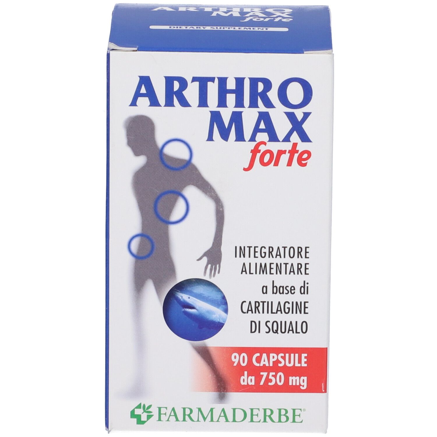 Scatola Arthromax Forte. Contiene 90 capsule. Scritto: Arthromax Forte, Integratore Alimentare, 750 mg.