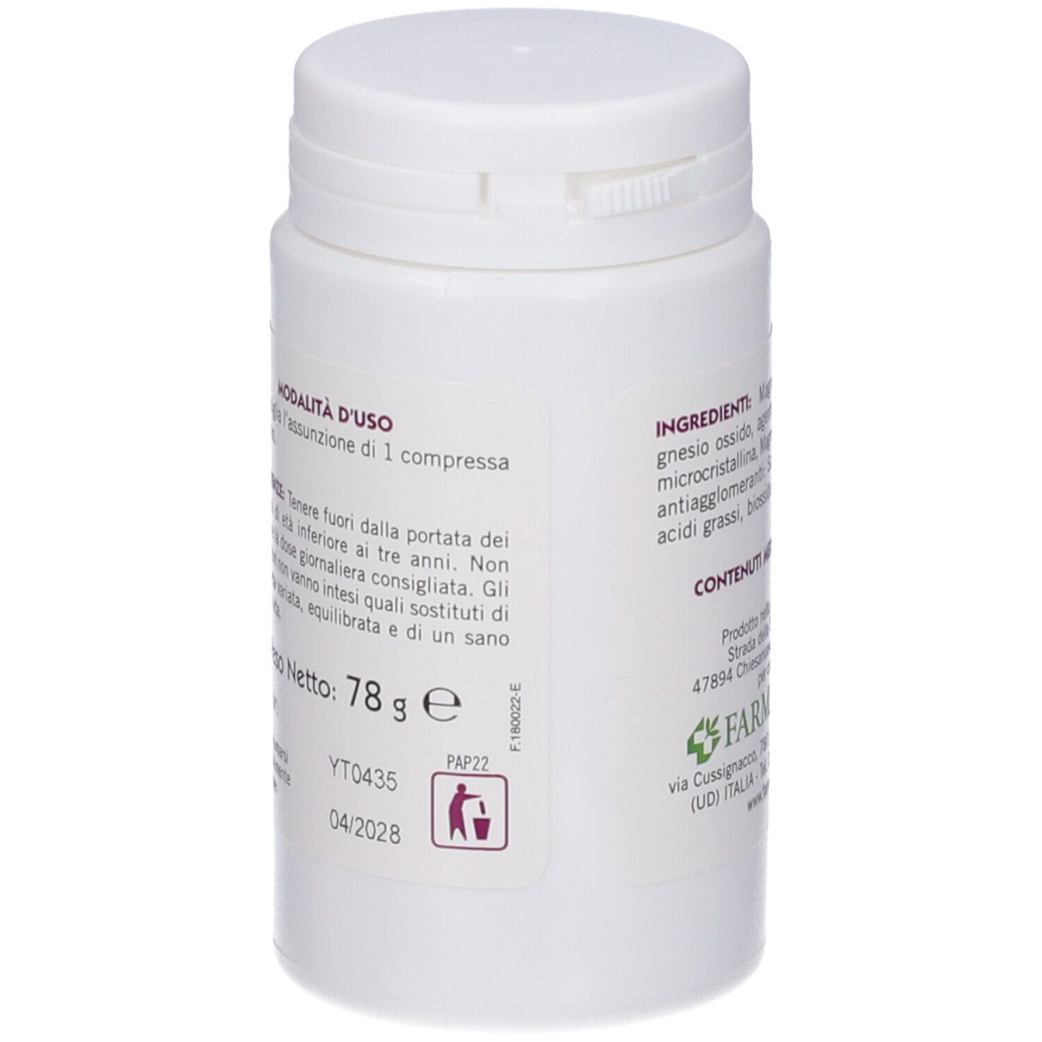 Rückseite des weißen Fläschchens. Gebrauchsanweisung, Gewicht 78g, Verfallsdatum. Marke Farmaderbe.