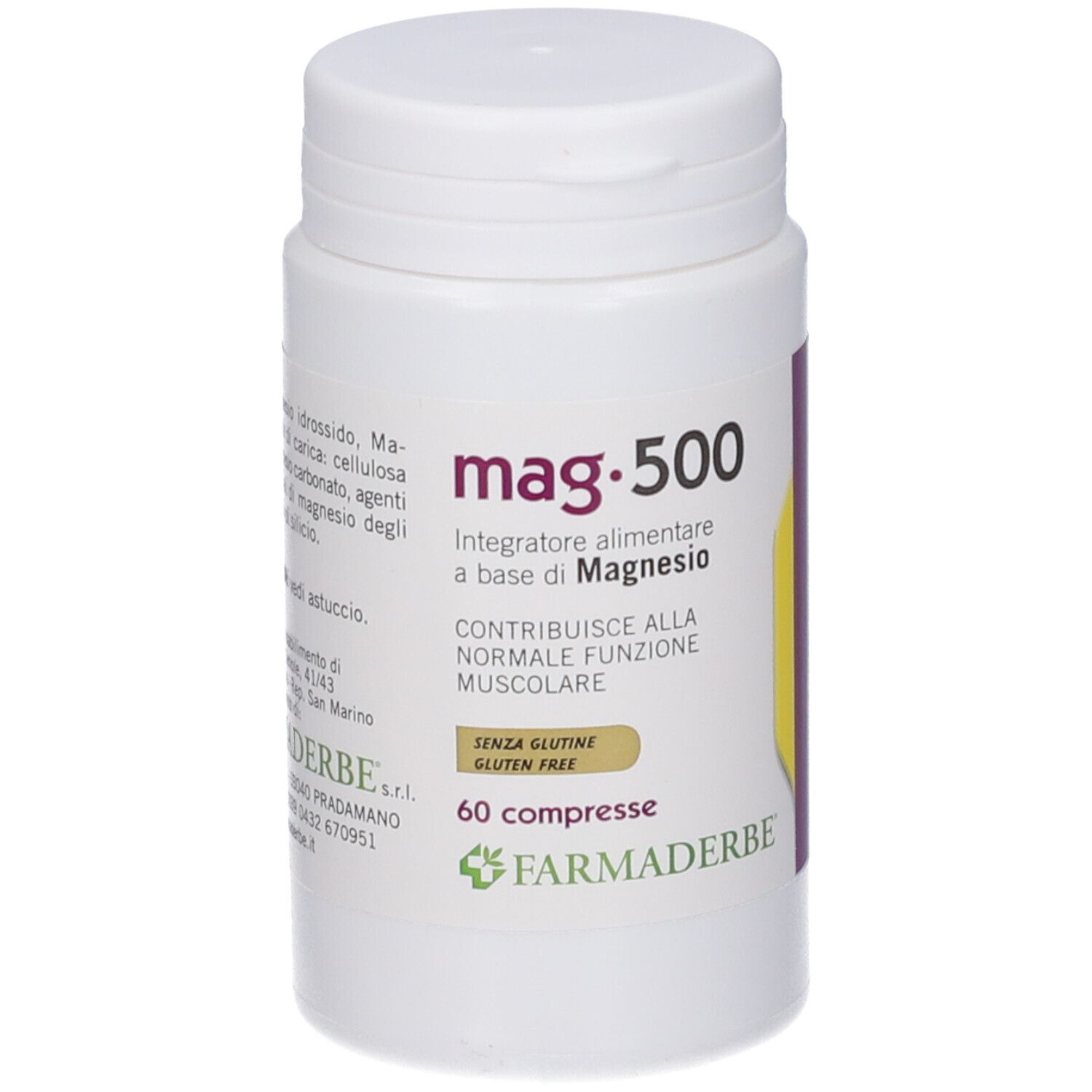 Weißes Fläschchen mit grünem Deckel. Aufschrift mag.500, 60 compresse, glutenfrei. Marke Farmaderbe.