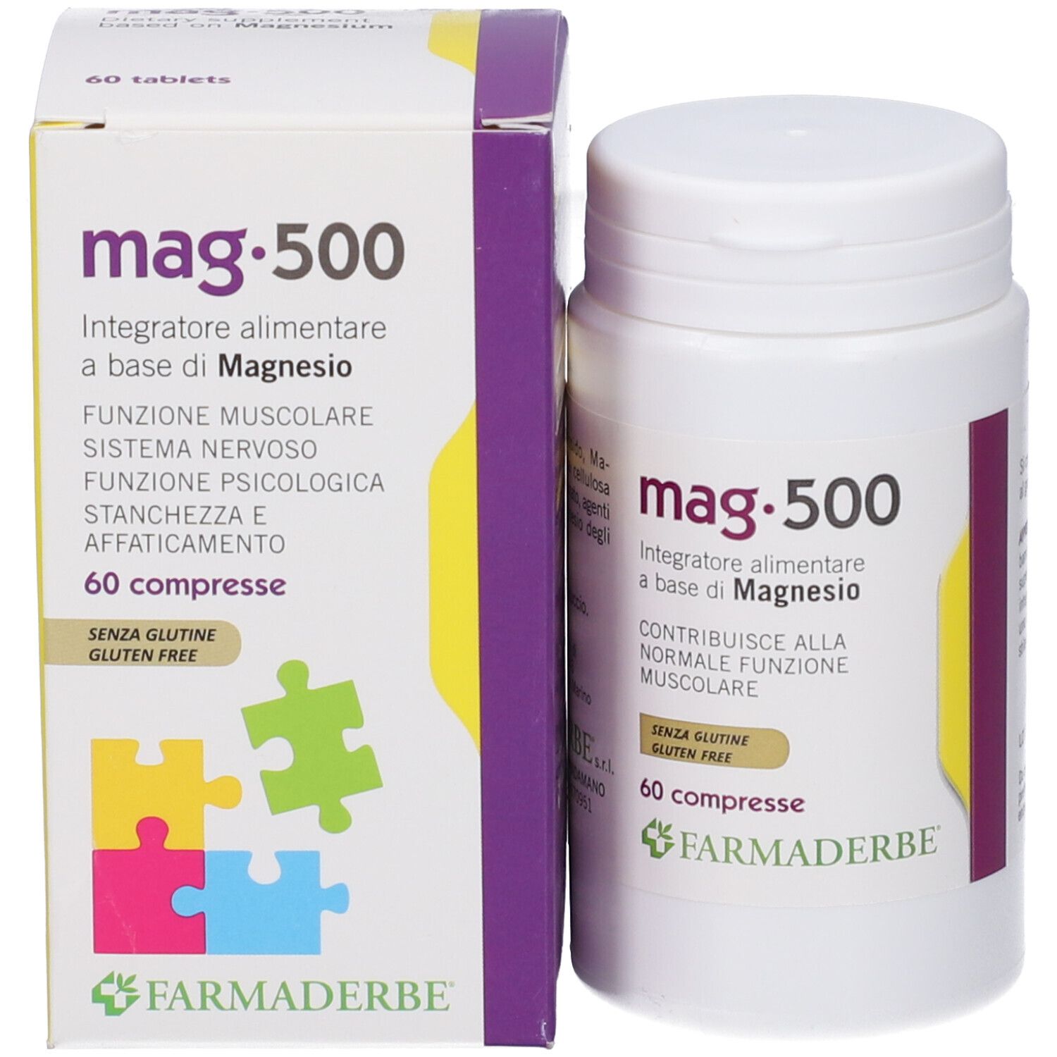 Produktverpackung und Fläschchen. Aufschrift mag.500, 60 Tabletten, glutenfrei. Marke Farmaderbe.
