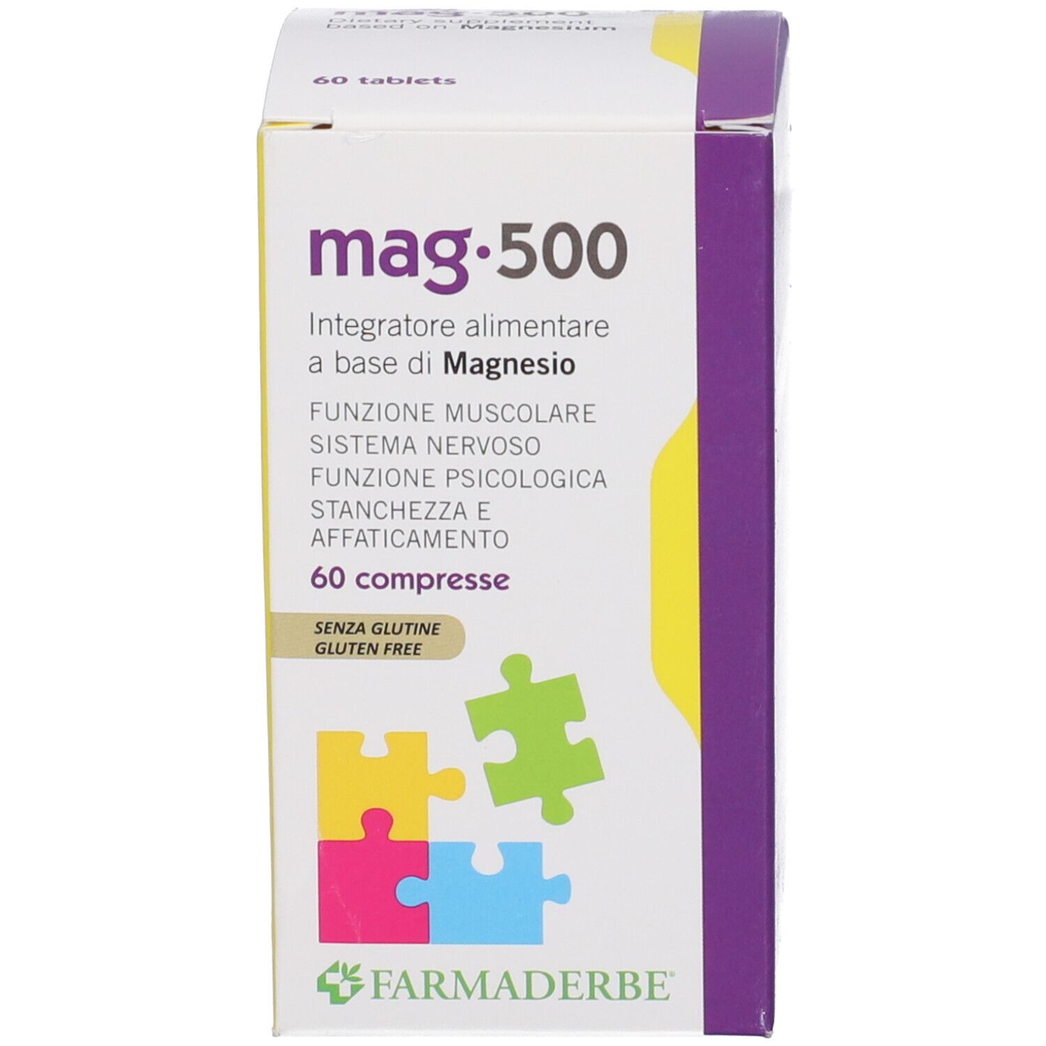 Produktverpackung. Aufschrift mag.500, 60 Tabletten, glutenfrei. Marke Farmaderbe. Puzzleteile.