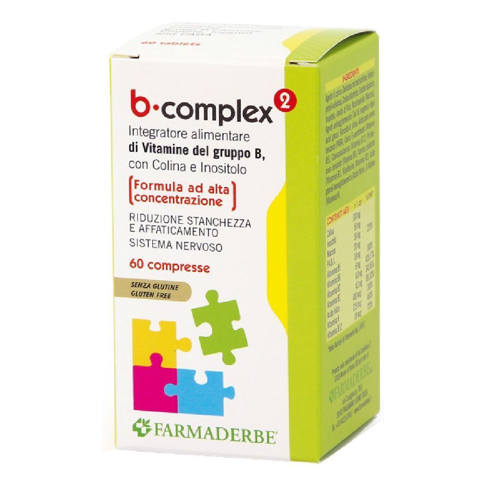 Integratore B-Complex in scatola. Contiene 60 compresse. Senza glutine. Marchio: Farmaderbe.
