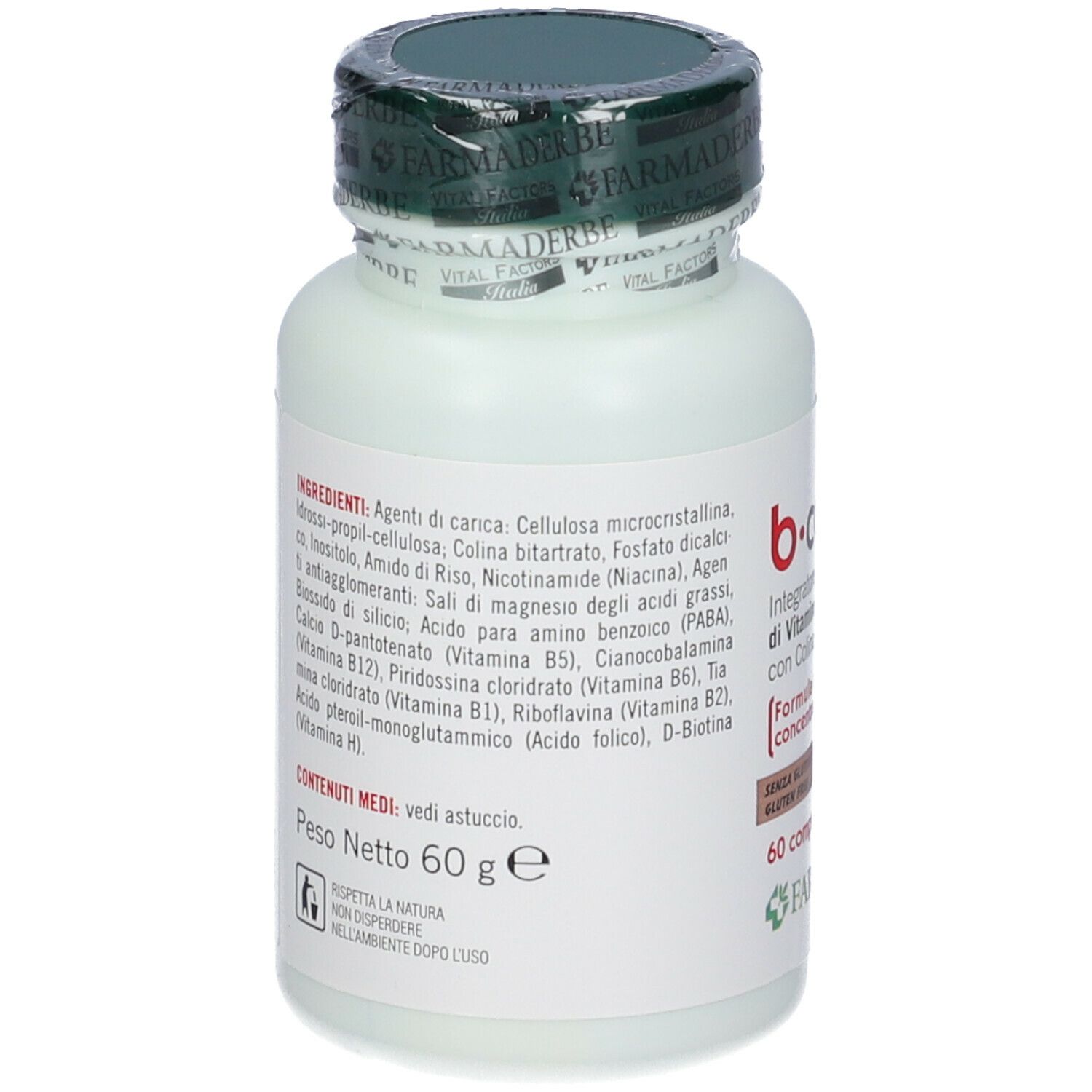 Integratore B-Complex in flacone. Contiene 60 g. Elenco ingredienti sull'etichetta.