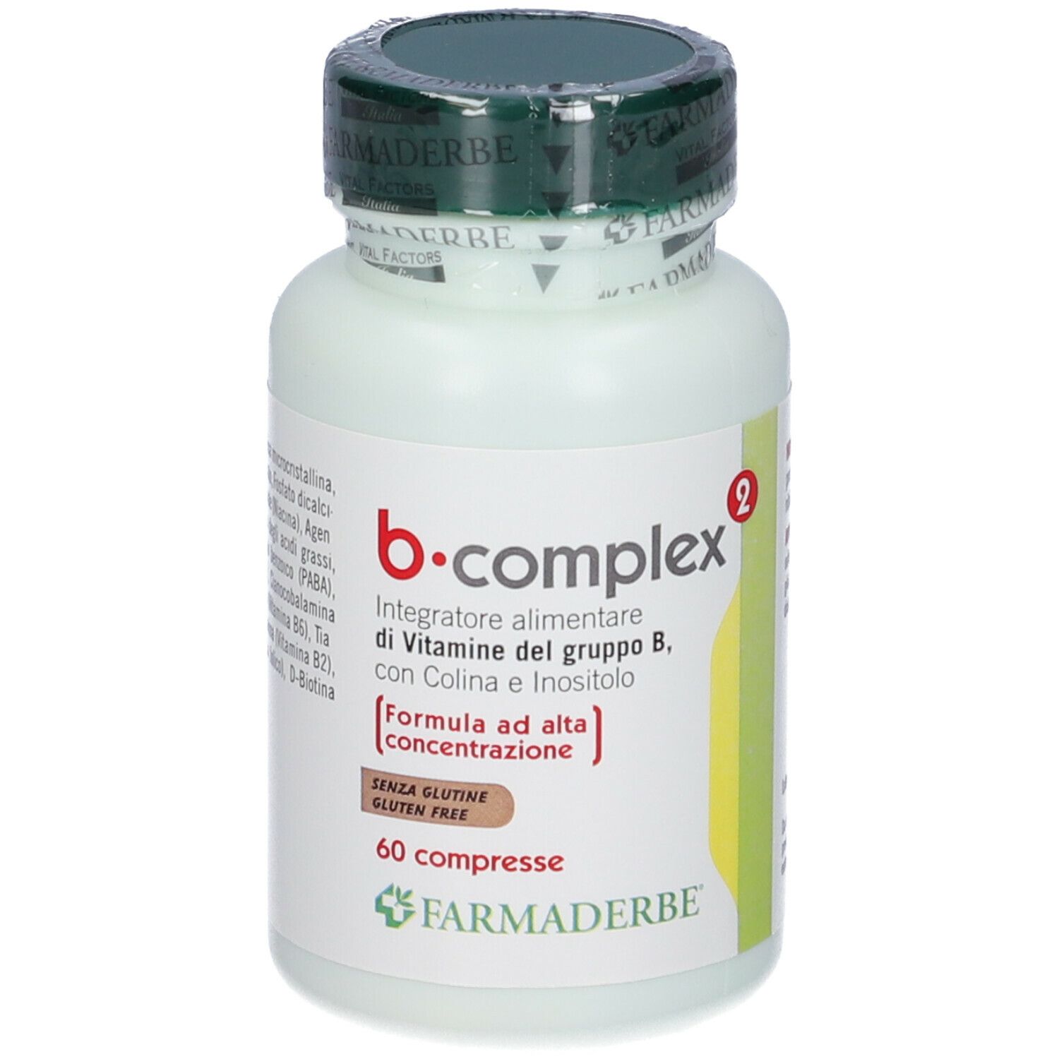 Integratore B-Complex in flacone. Contiene 60 compresse. Marchio: Farmaderbe.