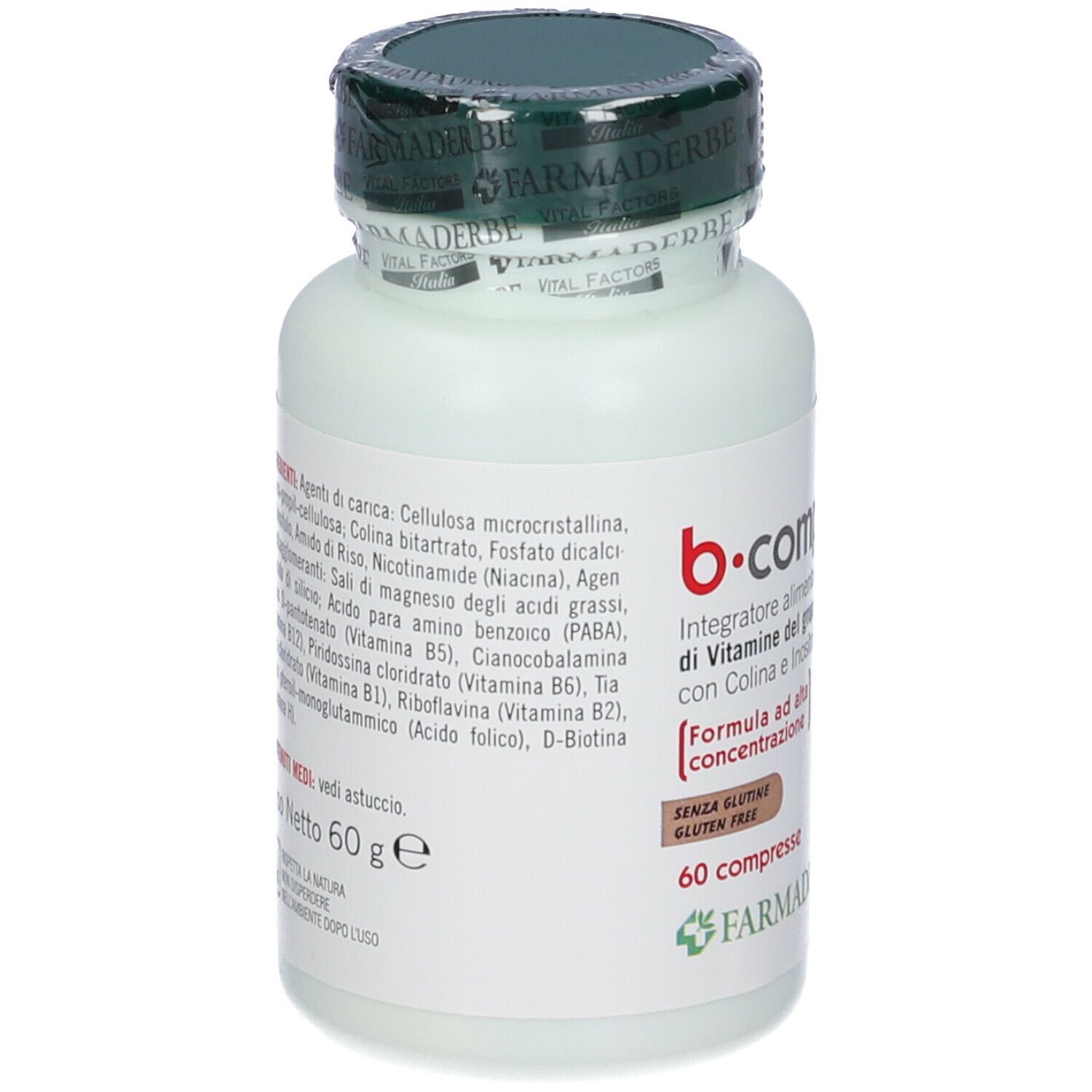 Flacone di B-Complex. Contiene 60 g. Elenco ingredienti sull'etichetta. Marchio: Farmaderbe.