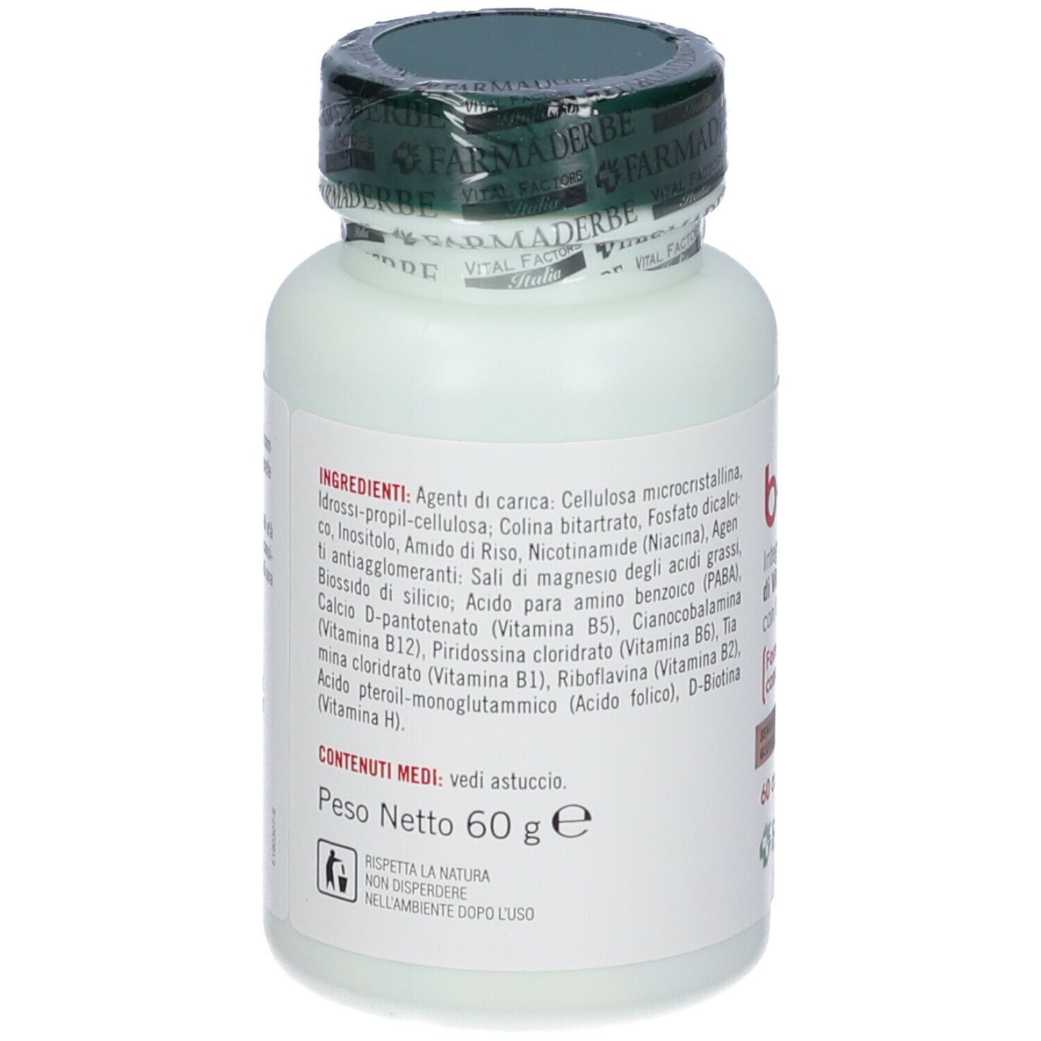 Flacone di B-Complex. Contiene 60 g. Elenco ingredienti sull'etichetta. Marchio: Farmaderbe.