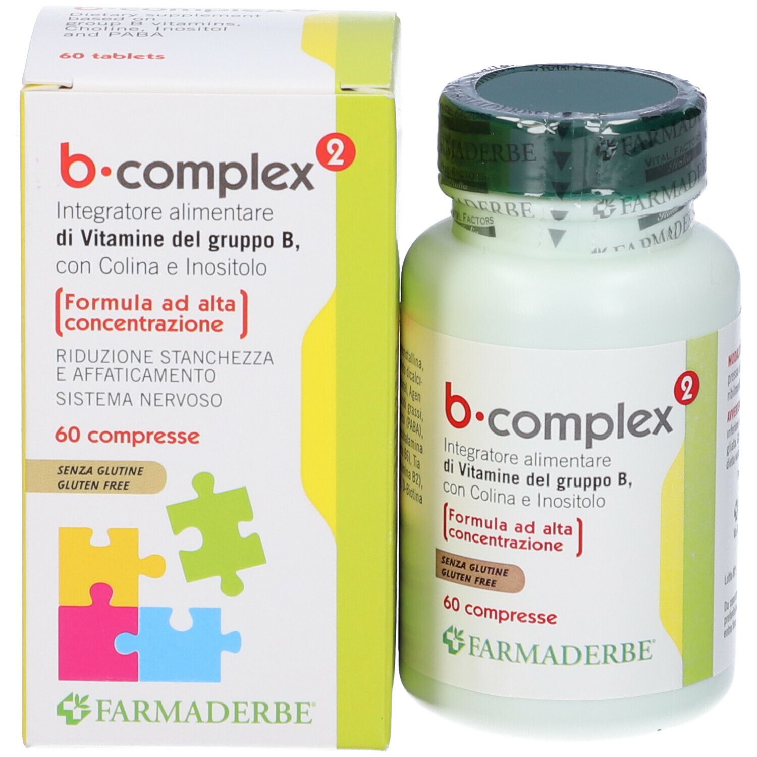 Confezione e flacone di B-Complex. Contiene 60 compresse. Marchio: Farmaderbe.