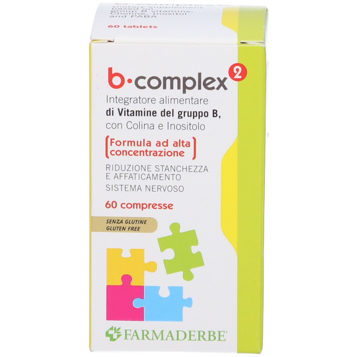 Scatola di B-Complex. Contiene 60 compresse. Senza glutine. Marchio: Farmaderbe.