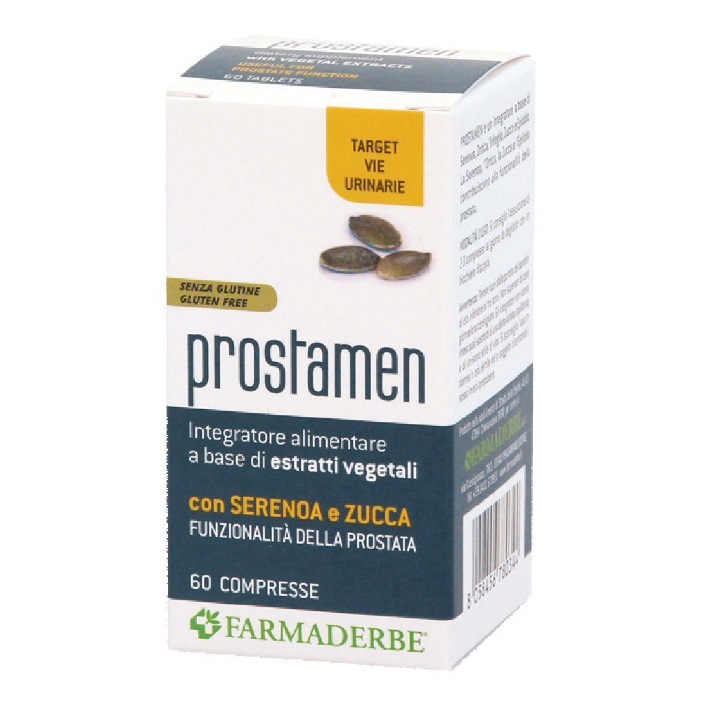 Confezione di Prostamen. Contiene 60 compresse. Scritta: Senza glutine. Con Serenoa e Zucca. Marchio: Farmaderbe.