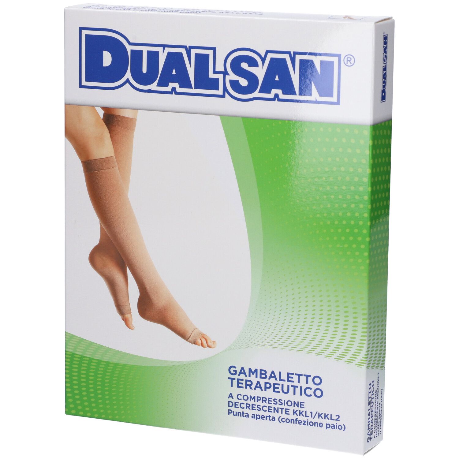 Confezione di calze a compressione Dualsan. Testo: Gambaletto Terapeutico, Punta Aperta. Calze beige raffigurate. Confezione verde e bianca.