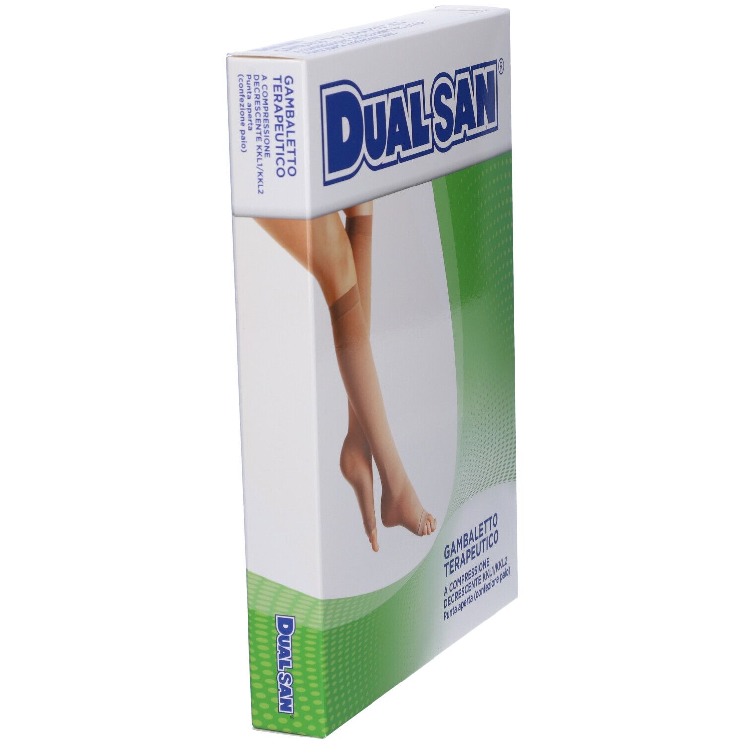Confezione di calze a compressione Dualsan. Testo: Gambaletto Terapeutico. Calze beige raffigurate. Vista obliqua. Confezione verde e bianca.