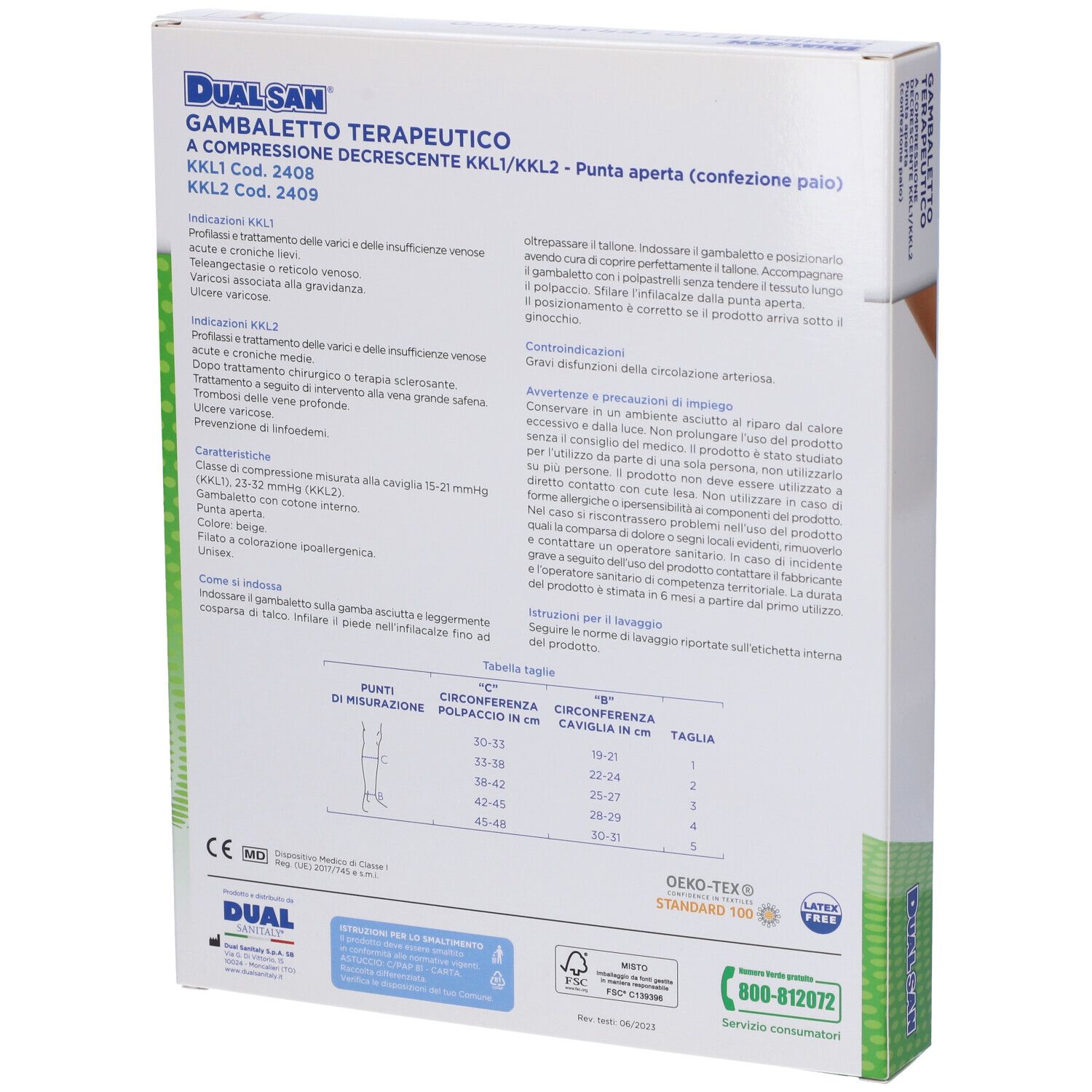 Retro della confezione di calze a compressione. Testo e tabella taglie. Marchio Dualsan. Certificazioni.