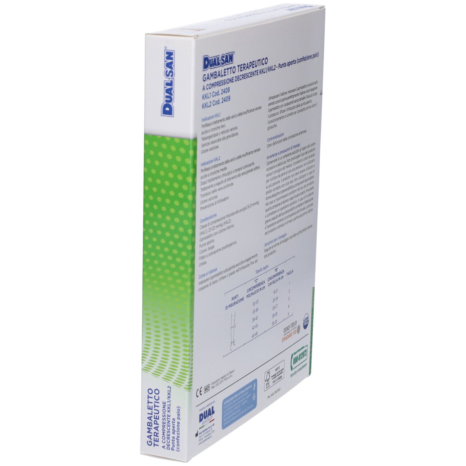 Lato della confezione di calze a compressione. Testo e marchio Dualsan. Confezione verde e bianca.