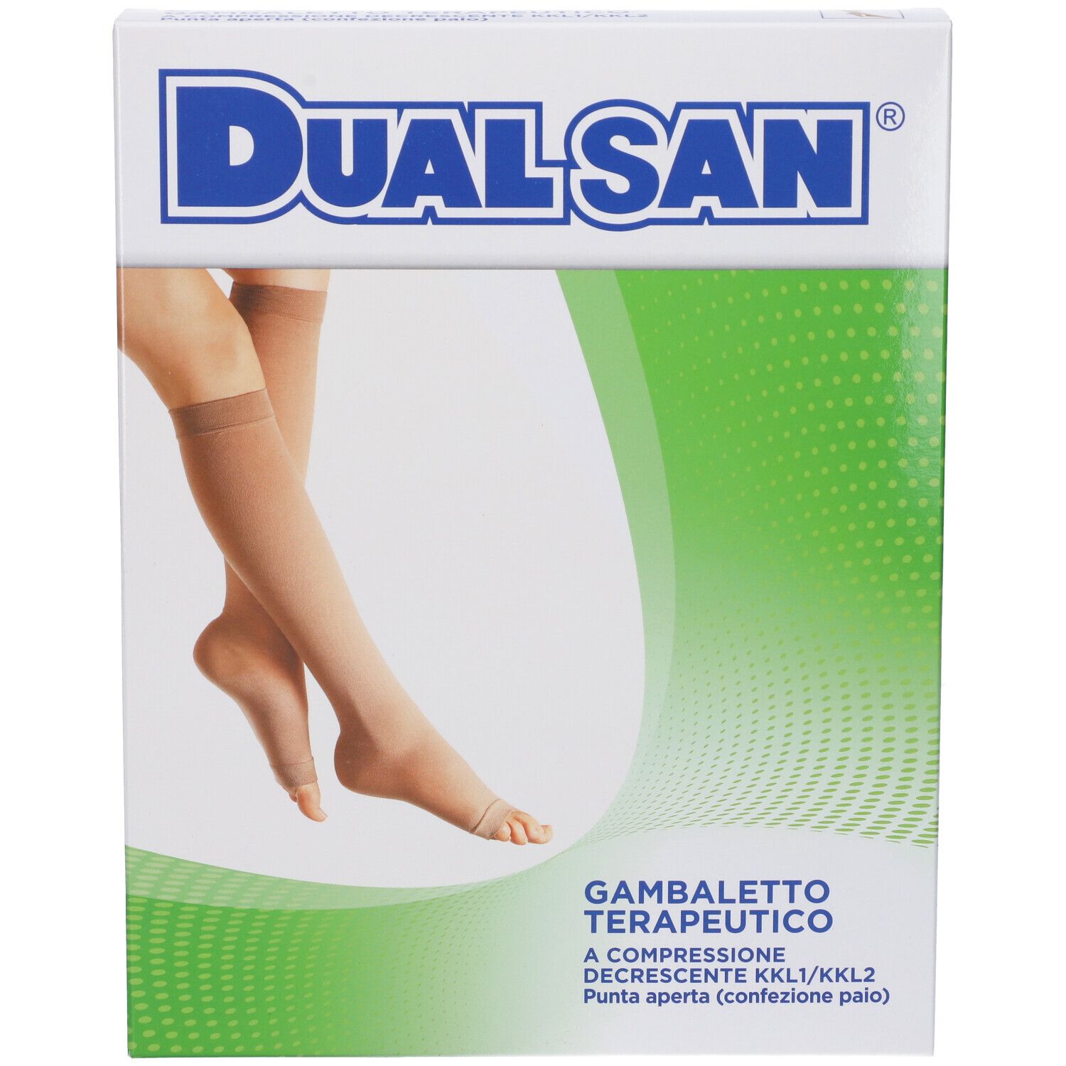 Confezione di calze a compressione Dualsan. Testo: Gambaletto Terapeutico, Punta Aperta. Calze beige raffigurate. Confezione verde e bianca.