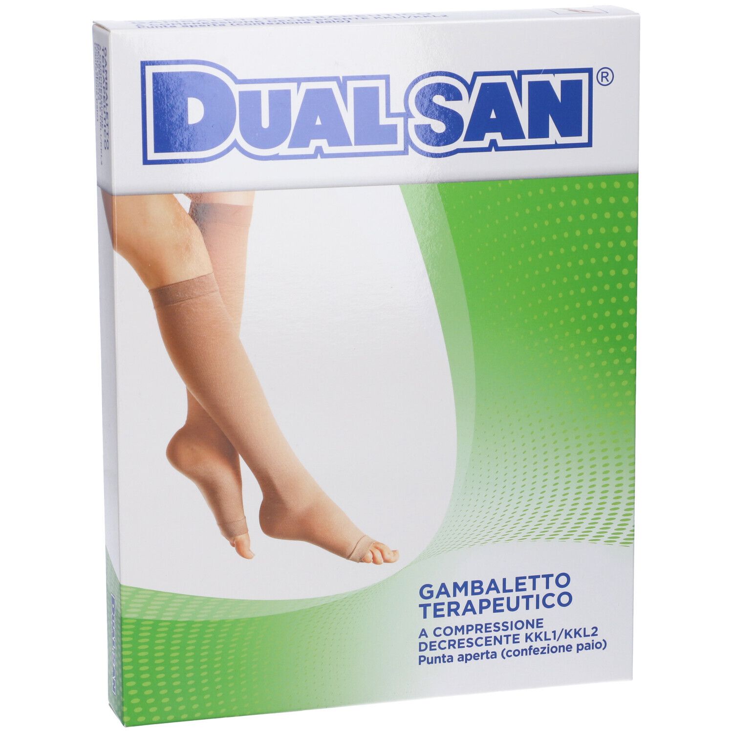 Confezione di calze a compressione Dualsan. Testo: Gambaletto Terapeutico, Punta Aperta. Calze beige raffigurate. Confezione verde e bianca.