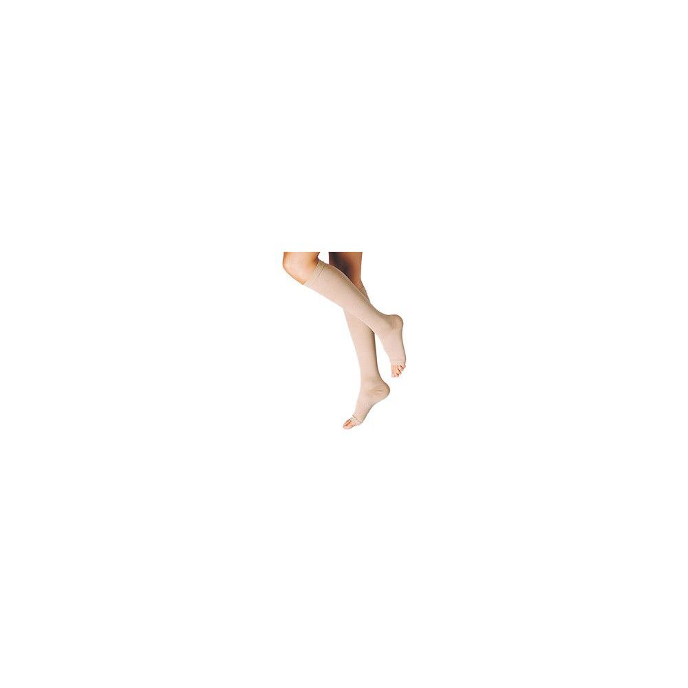 Calze a compressione beige a punta aperta su una gamba. Nome del prodotto non visibile.