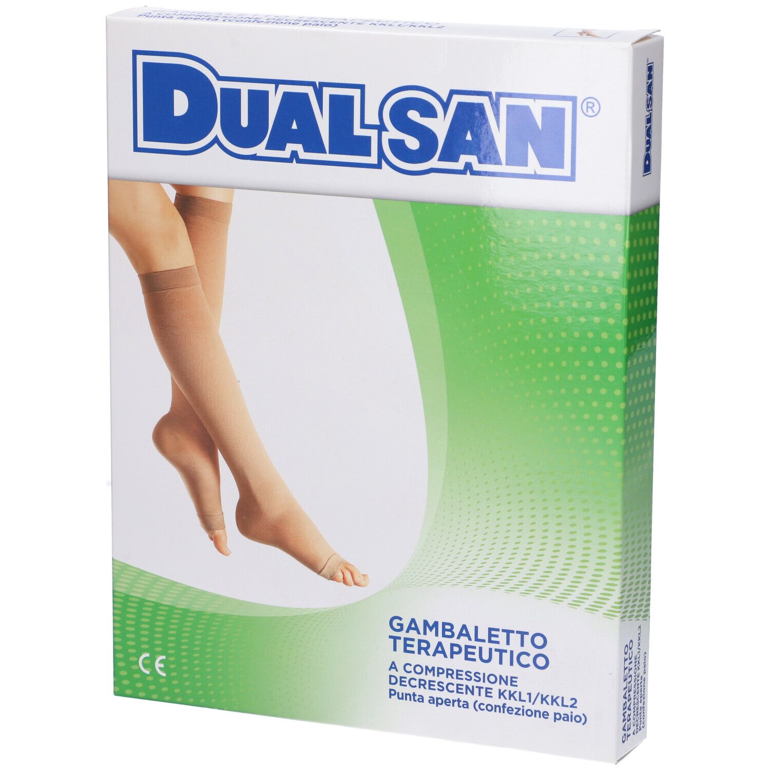 Confezione di calze a compressione. Marchio Dualsan, nome e descrizione del prodotto visibili. Calze beige illustrate.