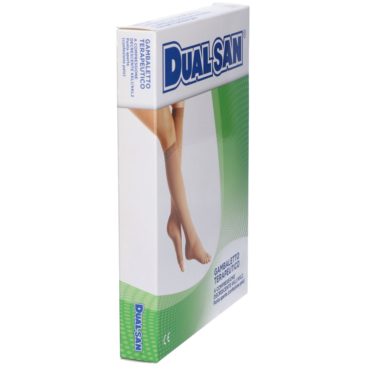 Confezione di calze a compressione. Marchio Dualsan, nome e descrizione del prodotto visibili. Calze beige illustrate.