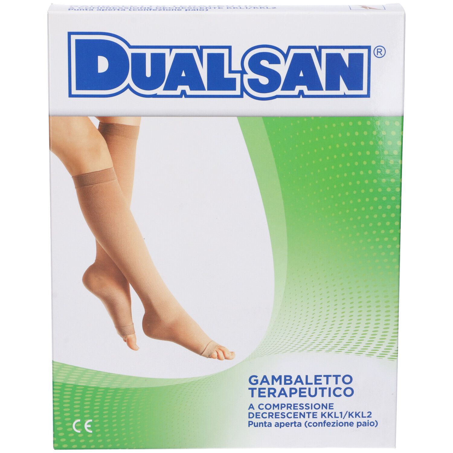 Confezione di calze a compressione. Marchio Dualsan, nome e descrizione del prodotto visibili. Calze beige illustrate.
