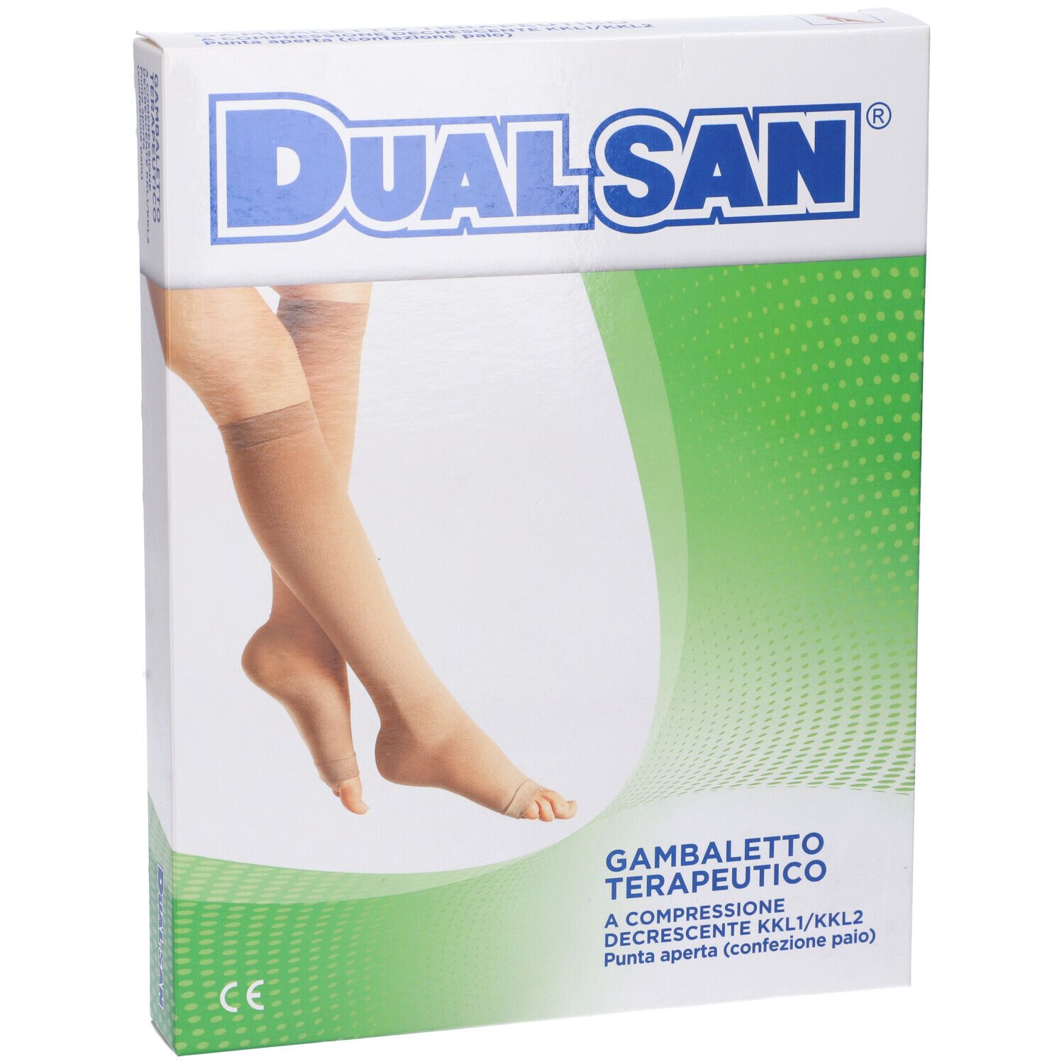 Confezione di calze a compressione. Marchio Dualsan, nome e descrizione del prodotto visibili. Calze beige illustrate.