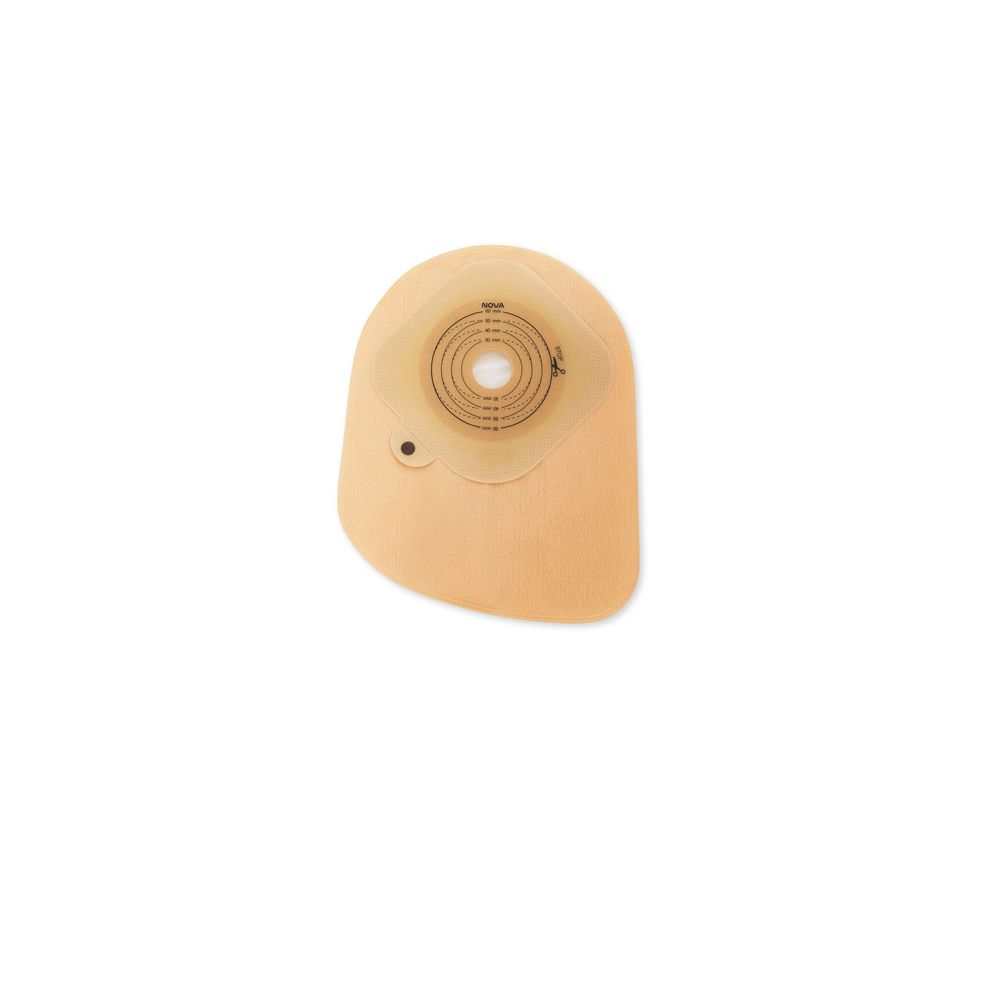 Sacca anatomica per colostomia beige. Con placca protettiva idrocolloidale. Chiusura integrata. Indicazioni di misura visibili.