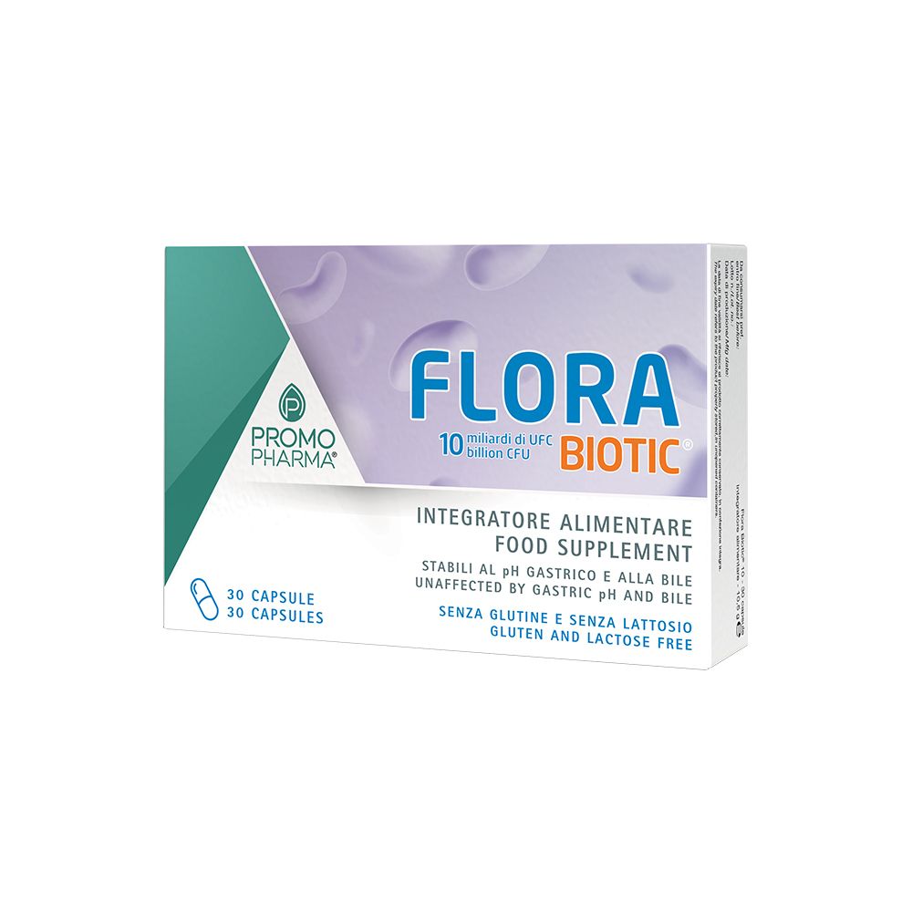 Confezione di Flora Biotic, 30 capsule. Scritta: 10 miliardi di UFC, senza glutine e lattosio. Marchio: Promo Pharma.
