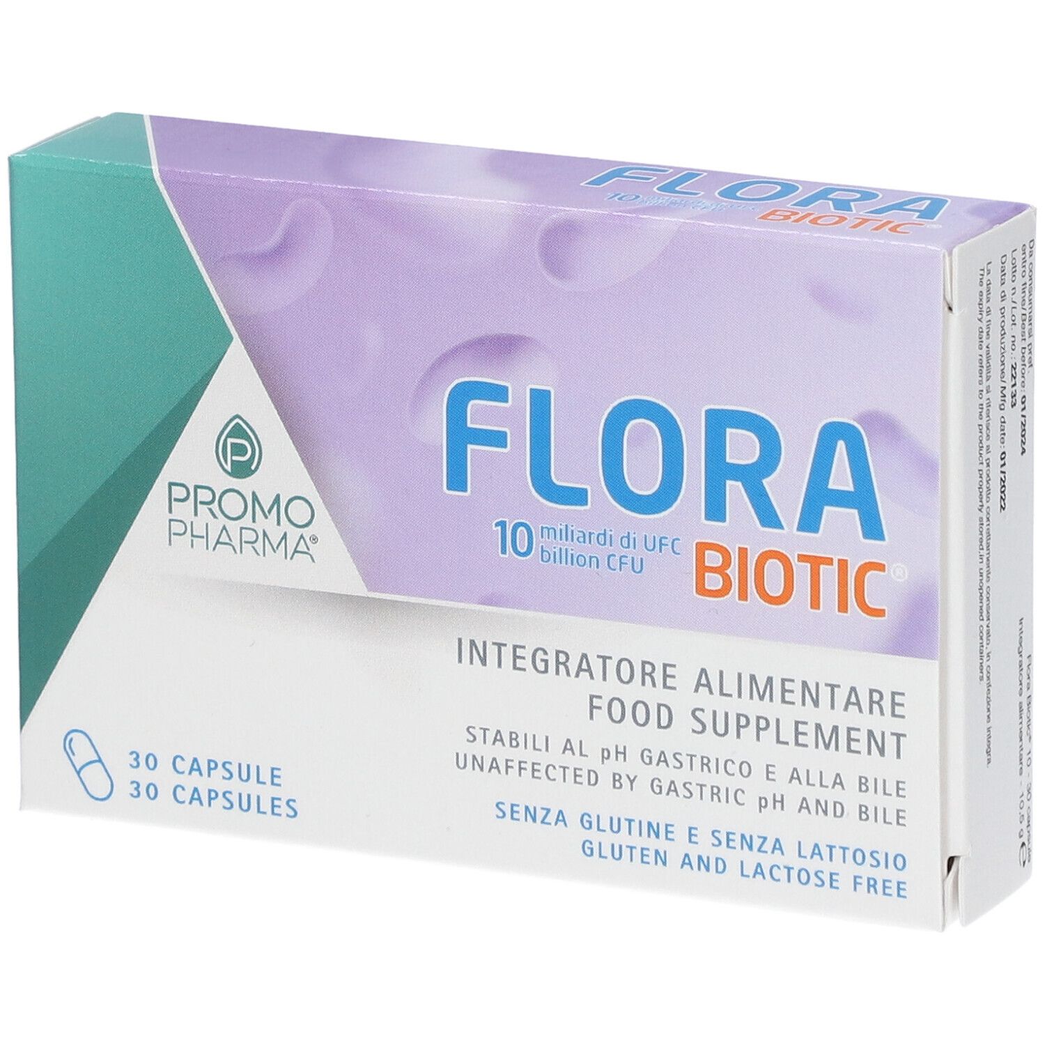 Confezione di Flora Biotic in diagonale. Scritta: 10 miliardi di UFC, senza glutine e lattosio. Marchio: Promo Pharma. 30 capsule.