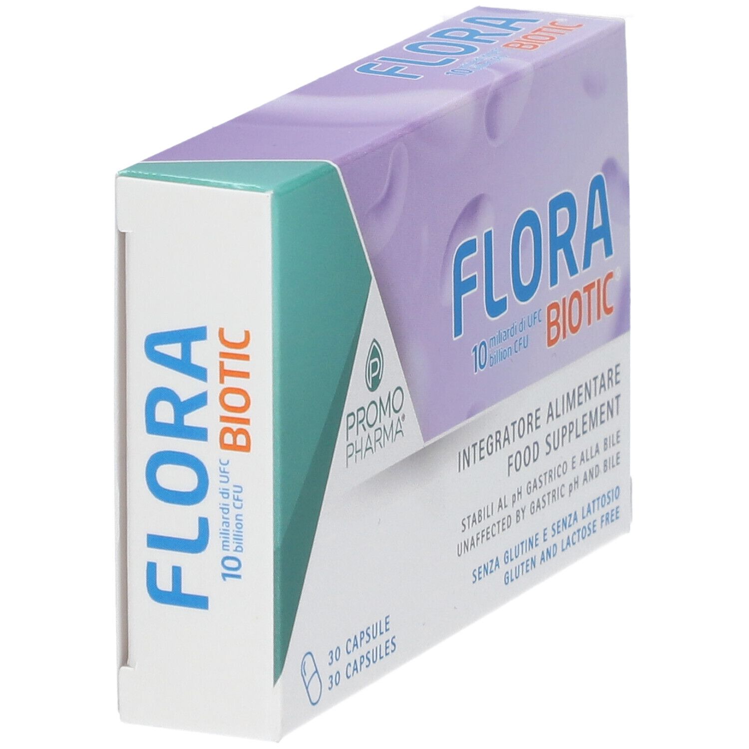 Confezione di Flora Biotic in diagonale. Scritta: 10 miliardi di UFC, senza glutine e lattosio. Marchio: Promo Pharma. 30 capsule.
