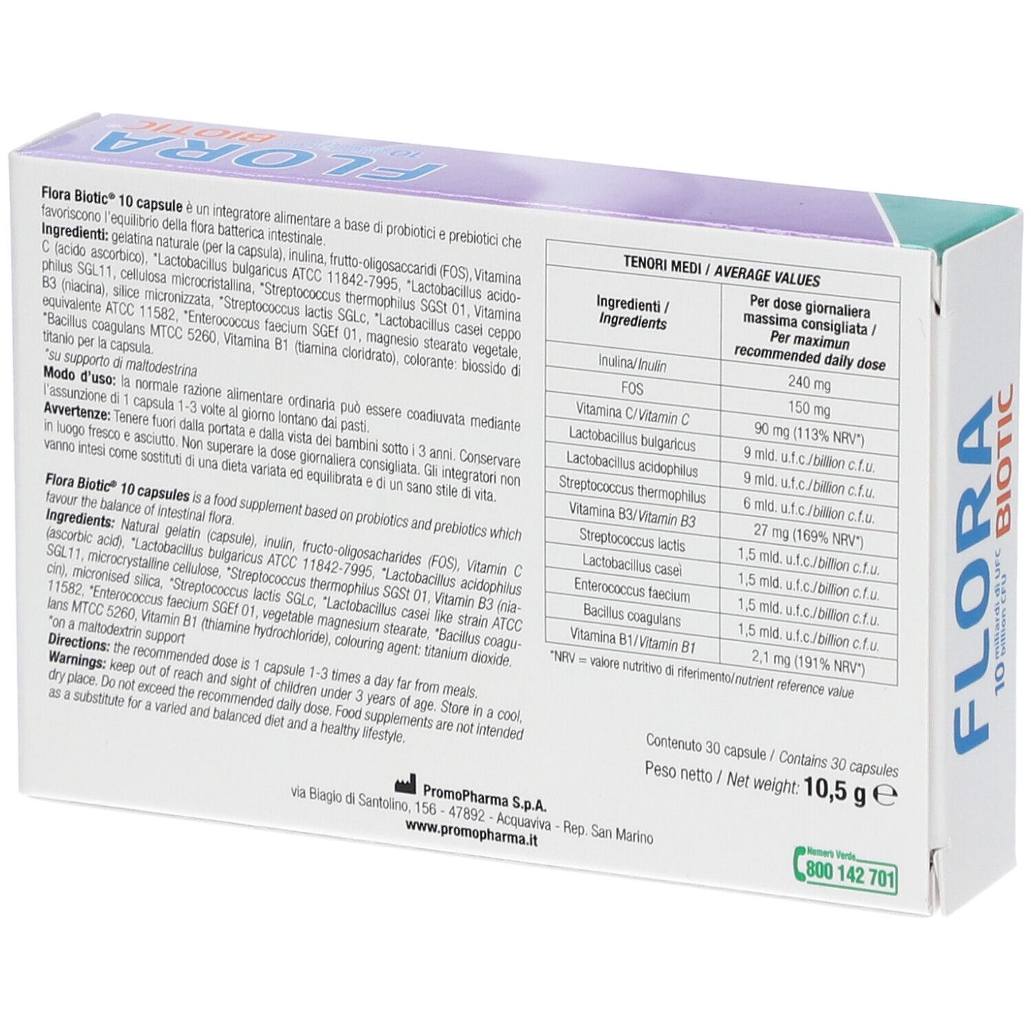 Retro della confezione di Flora Biotic. Contiene informazioni su ingredienti, dosaggio e produttore. 30 capsule.